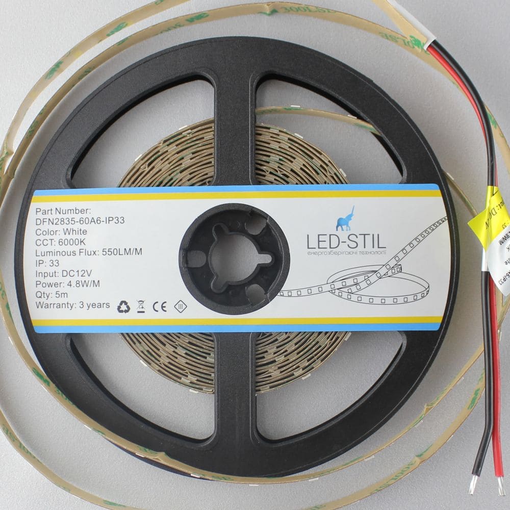 Світлодіодна стрічка LED-STIL 6000K, 4,8 Вт/м, 2835, 60 діодів, IP33, 12V, 550 lm, холодне світло