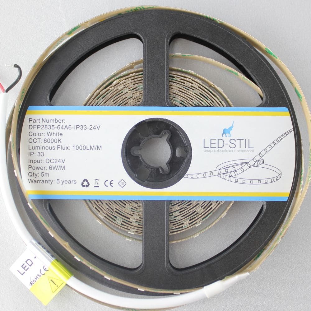 Світлодіодна стрічка LED-STIL 6000K 6 Вт/м 2835 64 діоди IP33 24 Вольта 1000 lm холодне світло