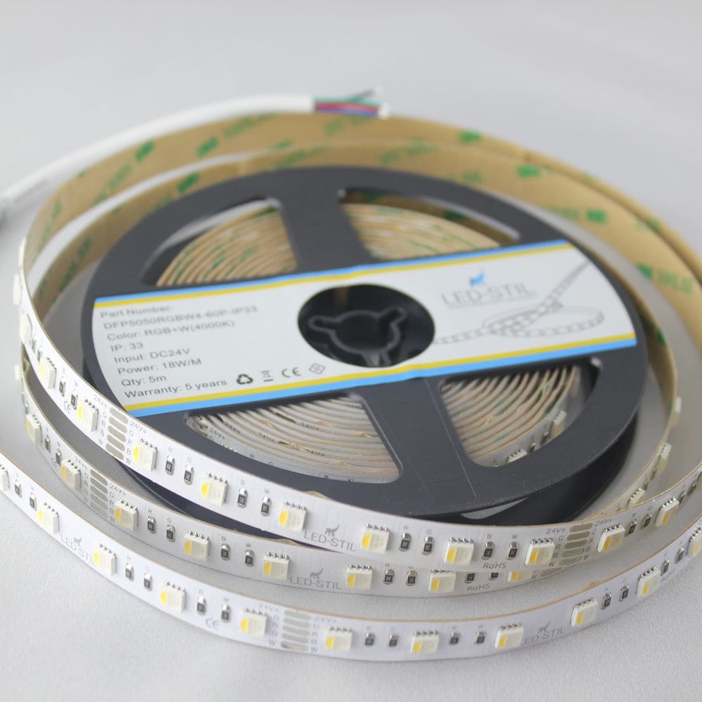 Світлодіодна стрічка LED-STIL RGB+W 4000К 18 Вт/м 5050 60 діодів IP33 24 Вольти 180 lm різнокольорова